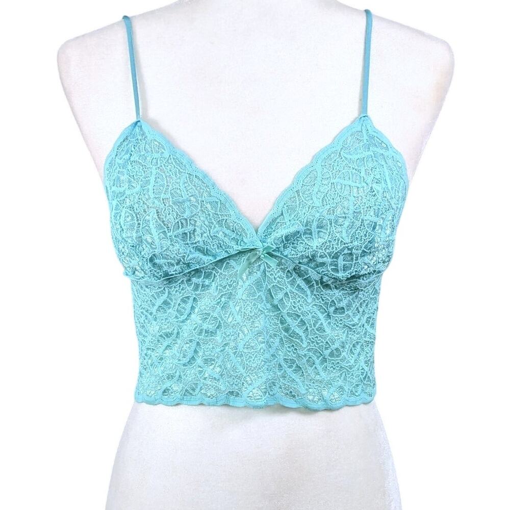 VTG 70s/80s Alana Gale Light Blue Lace Sheer Lingerie Cropped Bralette Cami Med